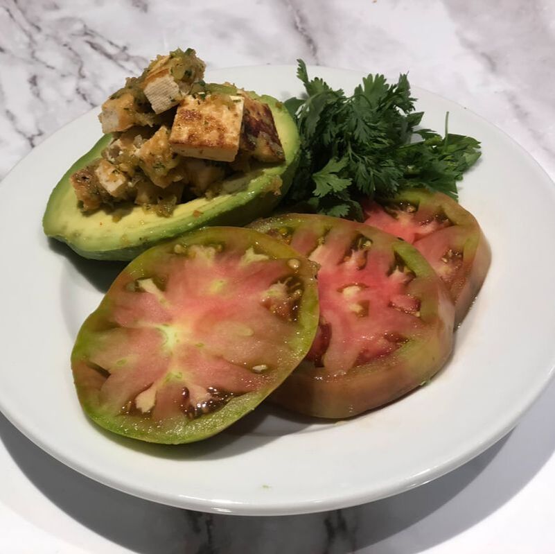 Recipe for Salsa Verde Braised Tofu Stuffed Avocado by Pins & PetalsPicture